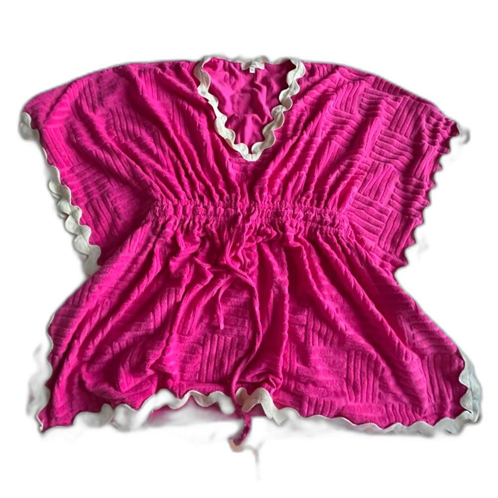 Entro Hot Pink Fuschia with White Ric Rac Swim Terry Cloth Cover-Up